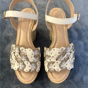 Coach White Floral Leather Block Heel Sandals with Tan Accents